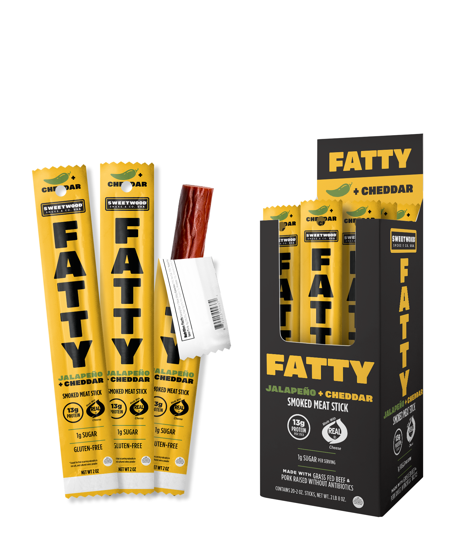 Yellow Fatty Jalepeno Chedder and black packaging box with single sticks.