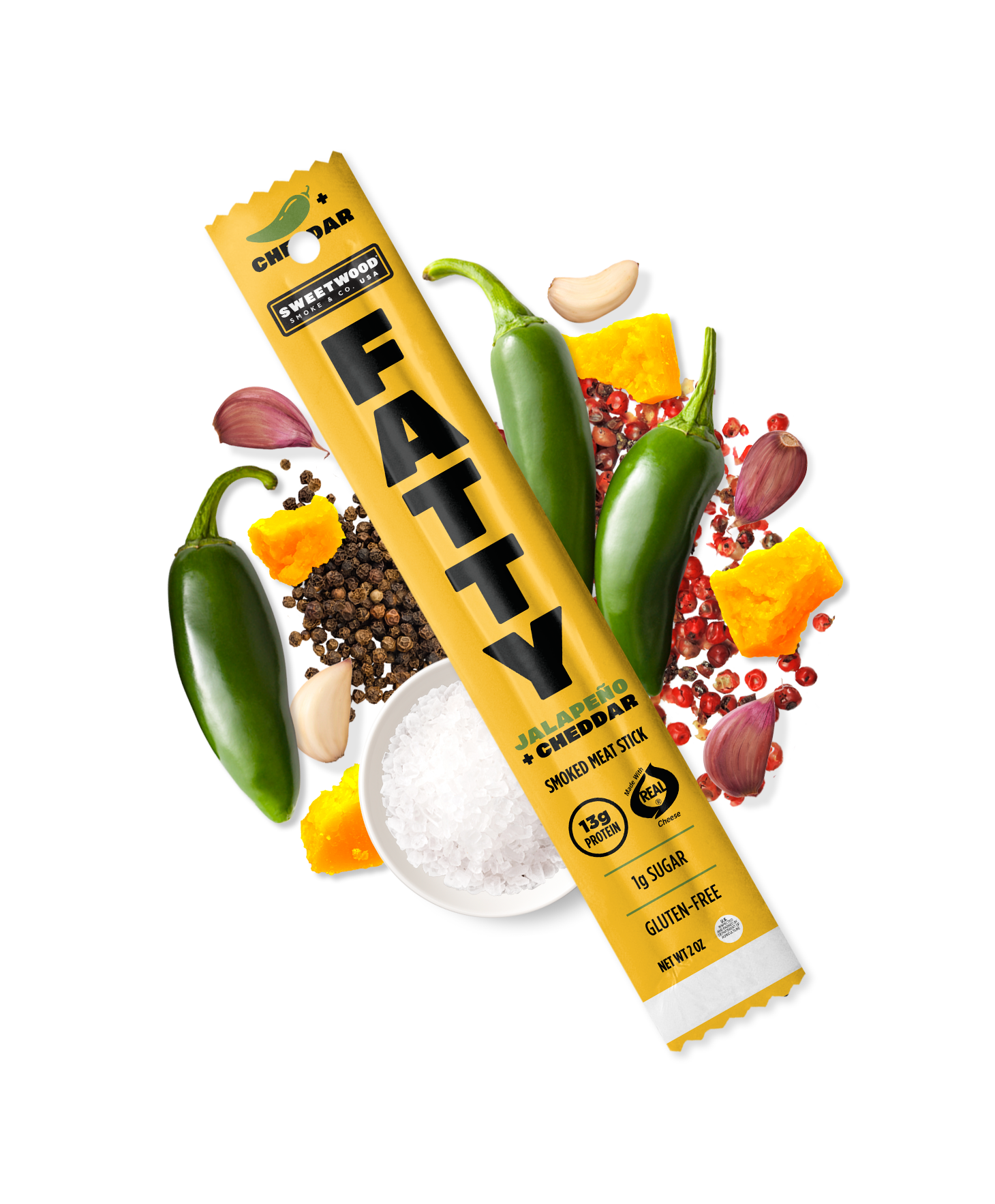 Yellow fatty meat stick surrounded by fresh vegetables, fruits and nuts on white background.