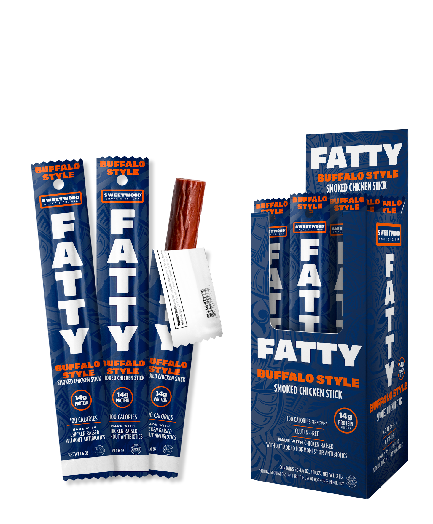 Packaging display of Fatty Brand meat sticks in blue and orange packaging.