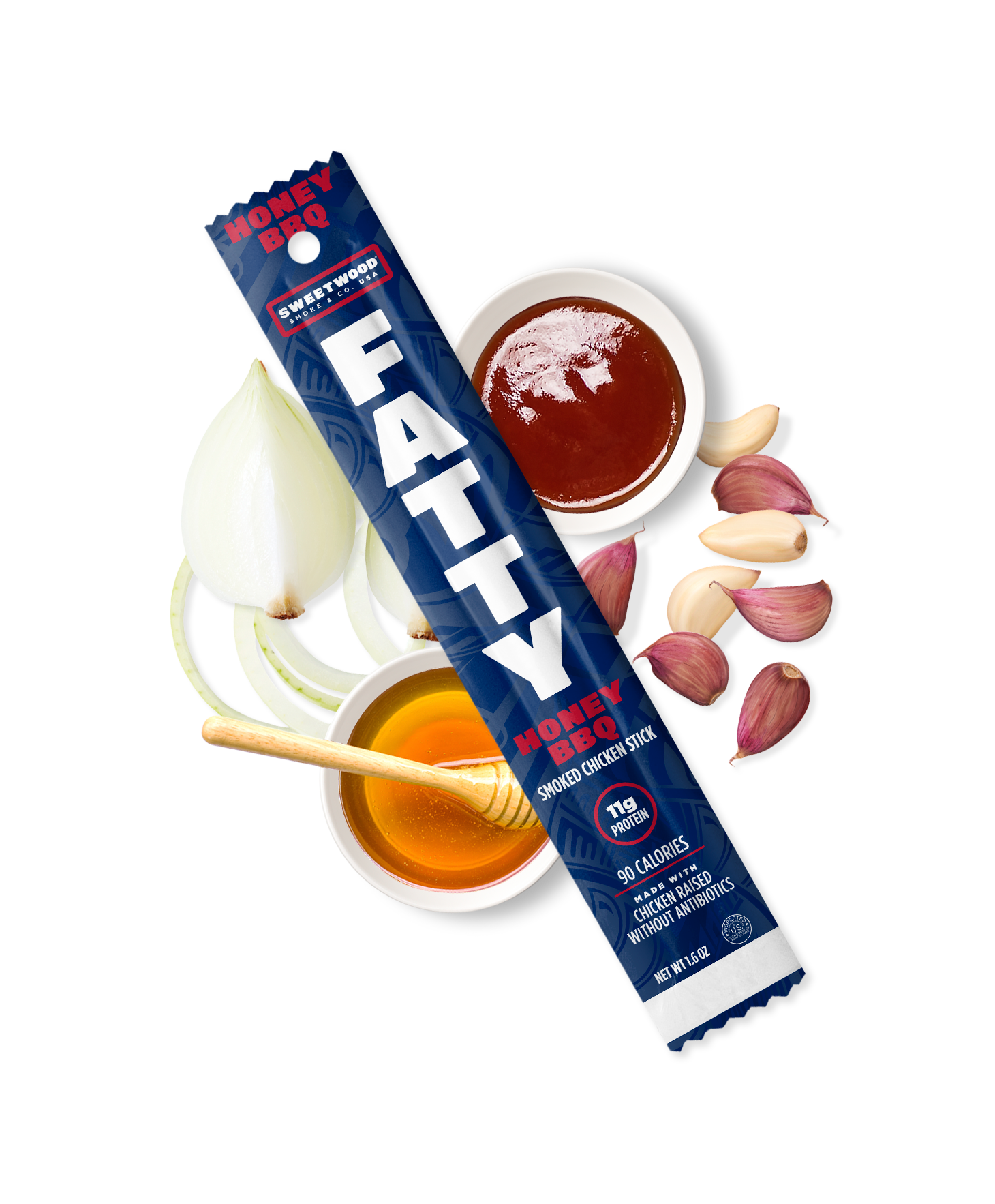 Fatty Meat Stick around pictured ingredients honey, garlic, onion, bbq sauce