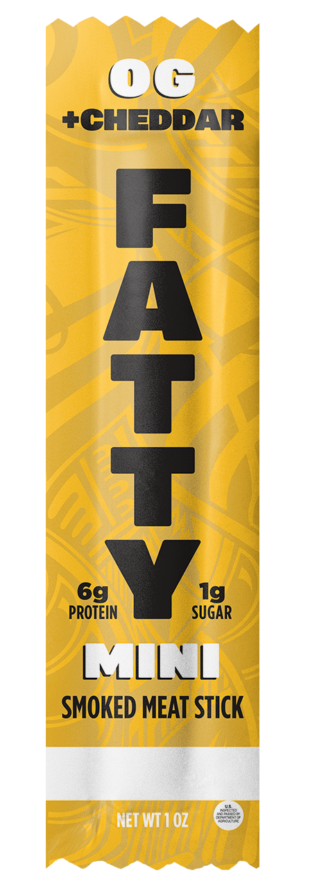 Packaging of FATTY Smoked Meat Sticks OG + Cheddar with five 1 oz. sticks, featuring images of the meat sticks and text describing the product as gluten-free and made with grass-fed beef and pork.