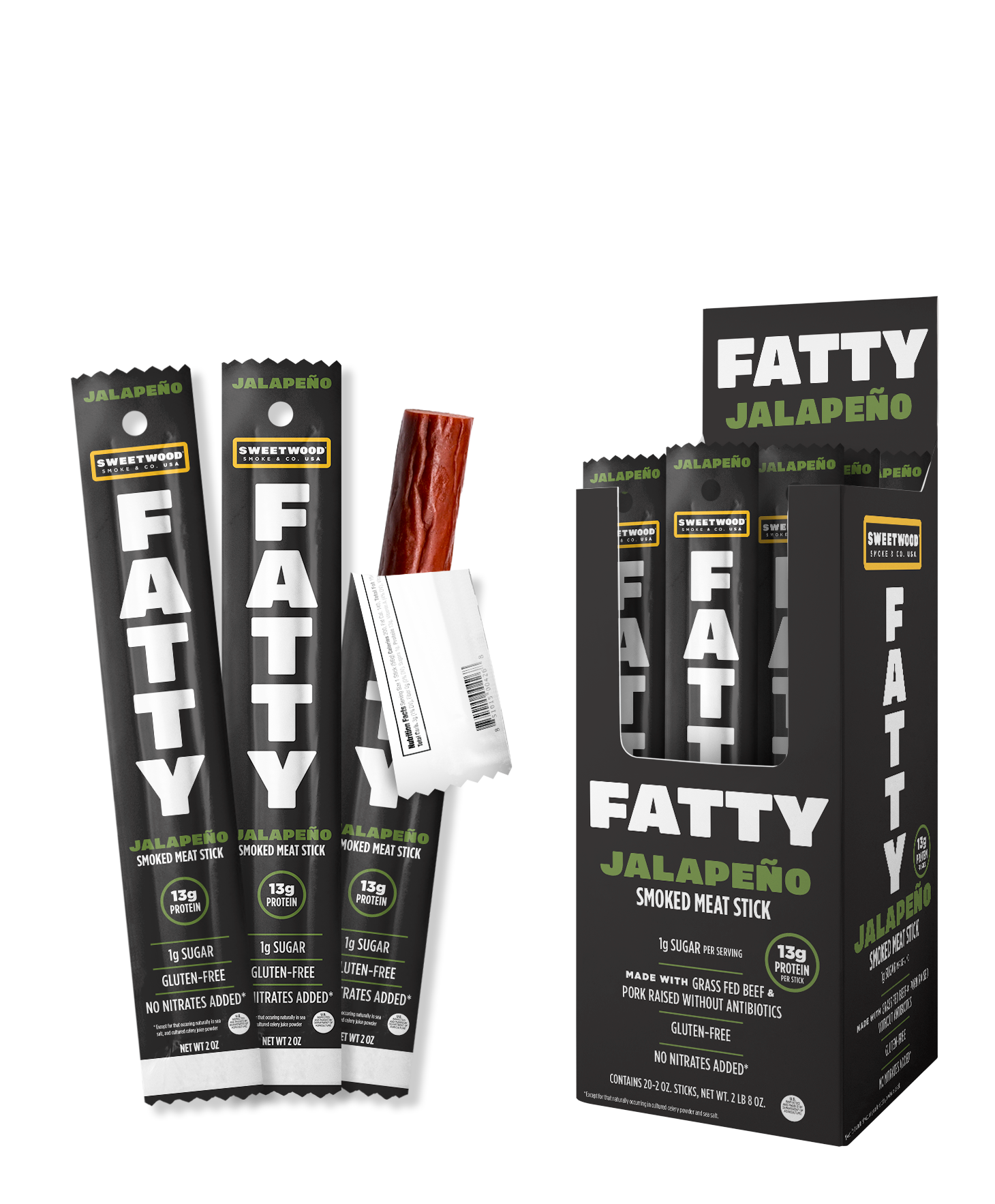 Display of Fatty Brand packaging alongside individual product and retail display box.