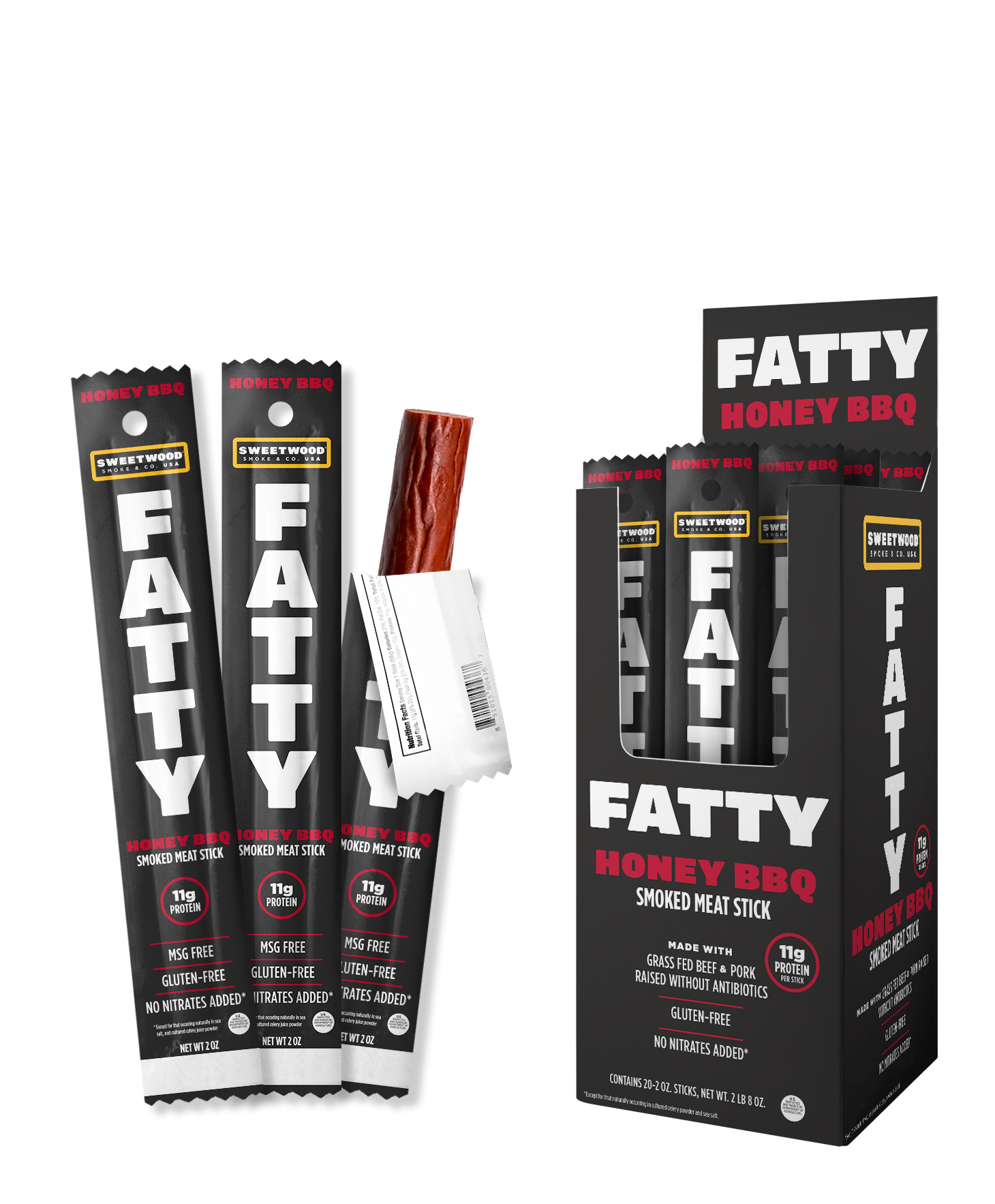 FATTY Meat Sticks in black packaging with a retail display box honey bbq flavor box and packaging being shown