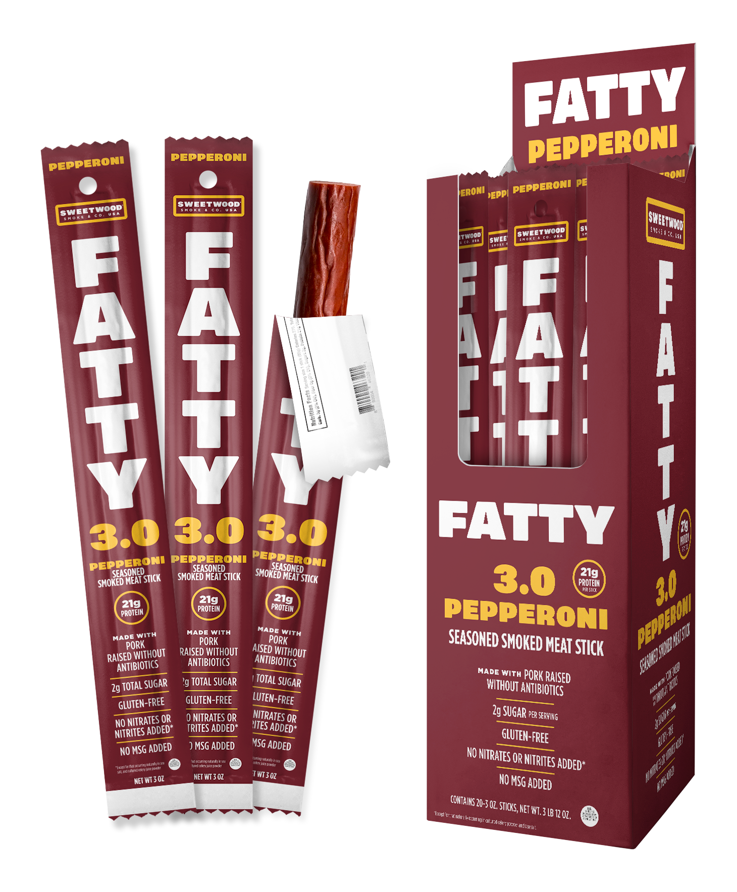 Fatty Meat Stick Pepperoni 3oz packaging and sticks